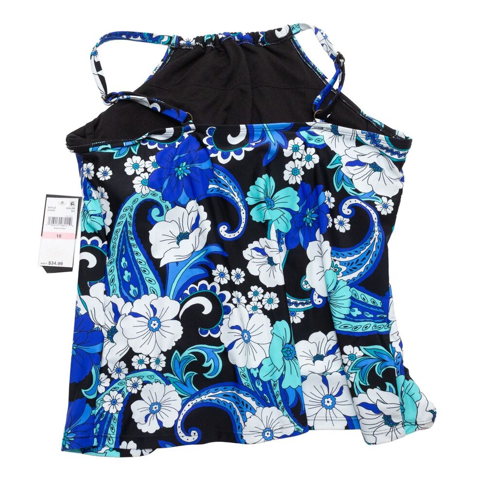Island Escape Women's Size 10 Black Blue Floral Paisley Underwire Tankini Swim - Picture 3 of 6